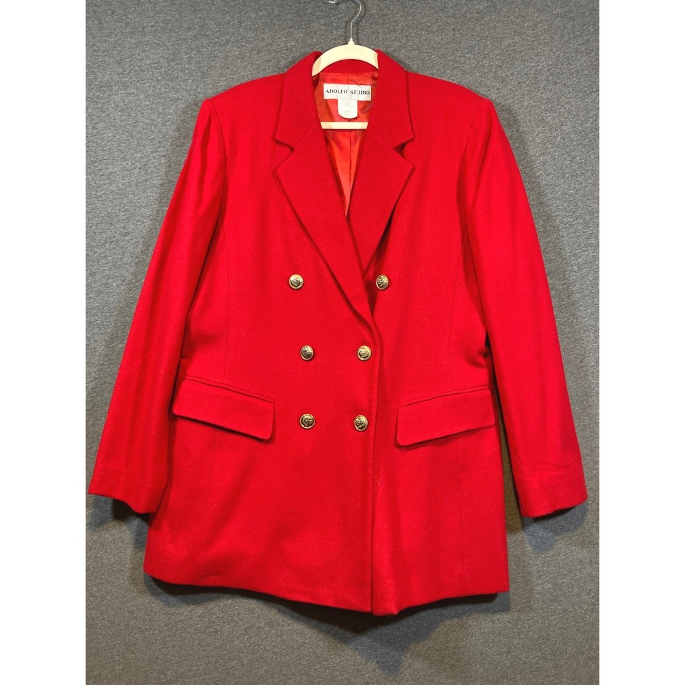 Adolfo Studio Vtg Womens Red 100% Wool‎ Double Breasted Blazer Gold Buttons 12